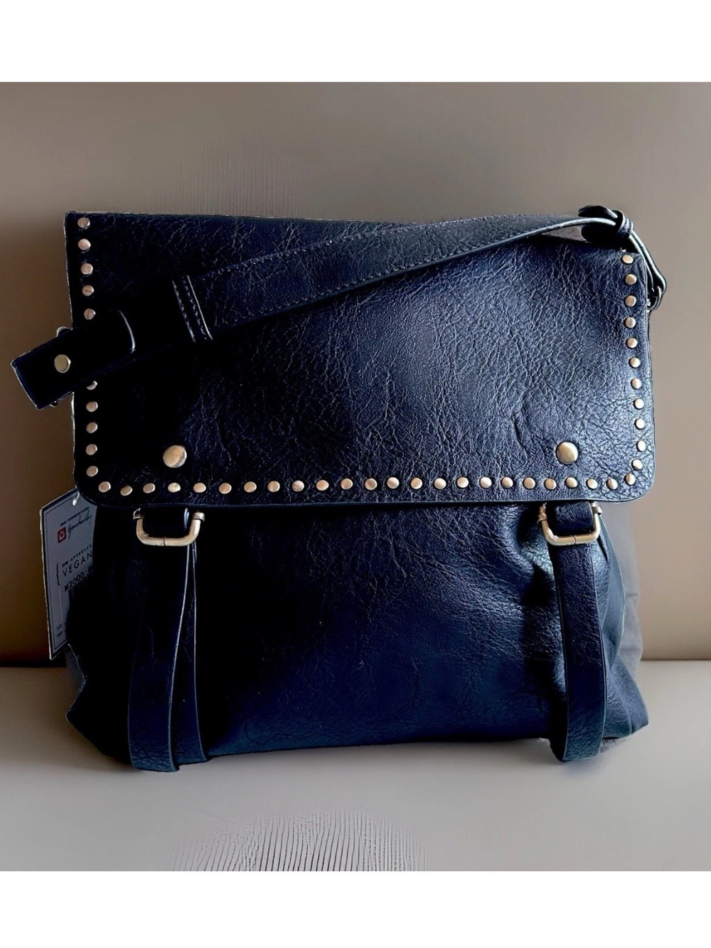 Jen & Co Indigo Convertible Backpack Purse Flap Over Front Metal Studs Black 12”